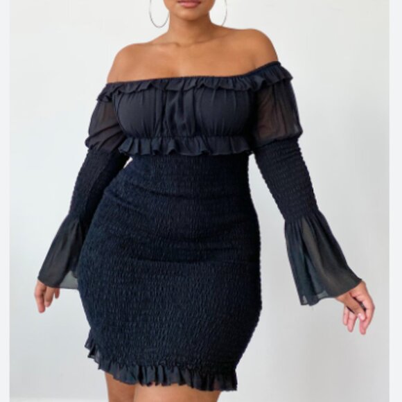 PrettyLittleThing Dresses & Skirts - PRETTY LITTLE THING Black Chiffon Shirred Bodycon Dress Size 18